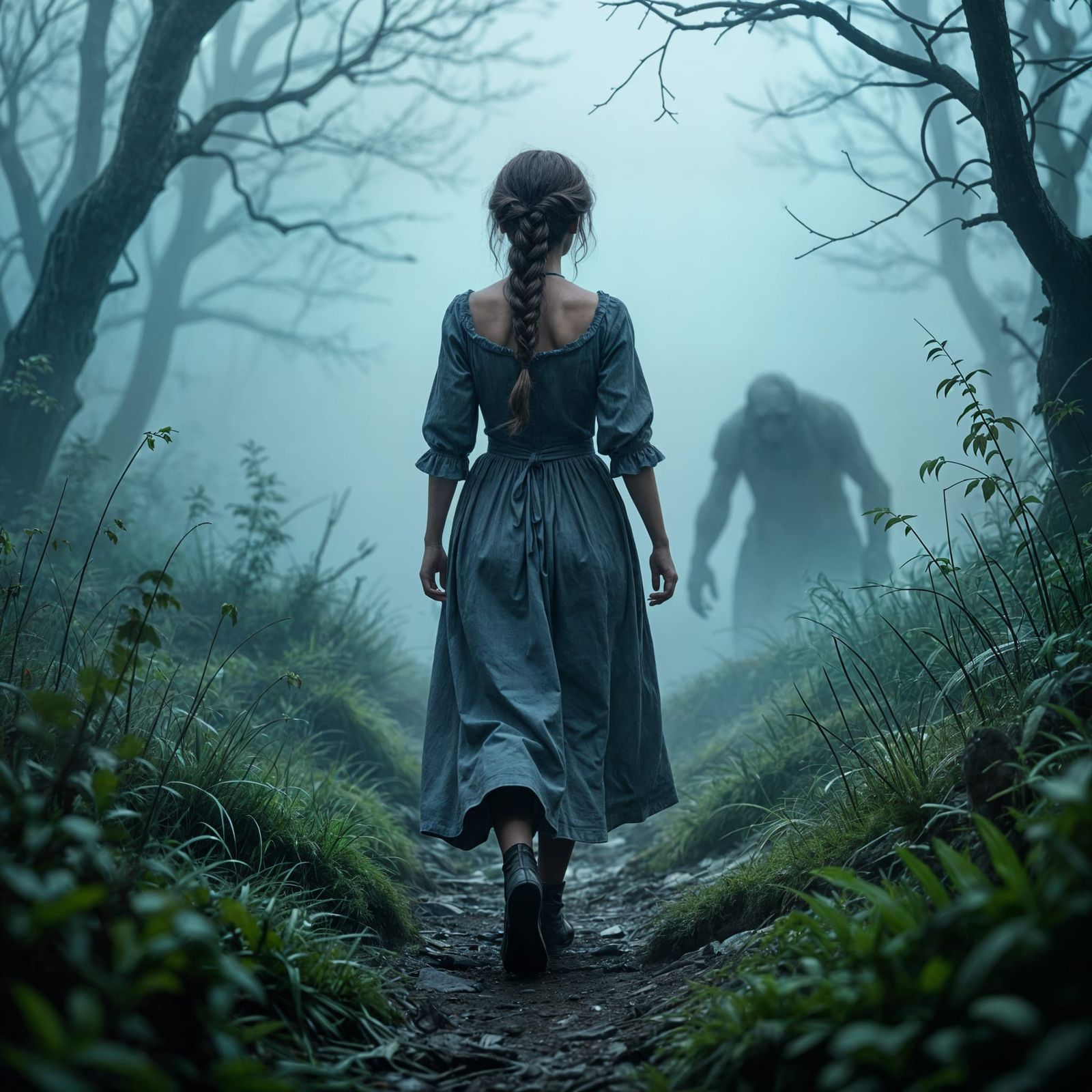 Frightened Girl on Misty Path in Fantasy Illustration