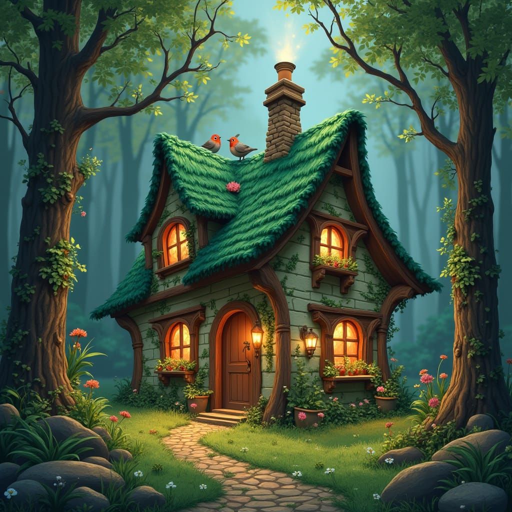 Fairy House Surrounded by Mushrooms and Flowers