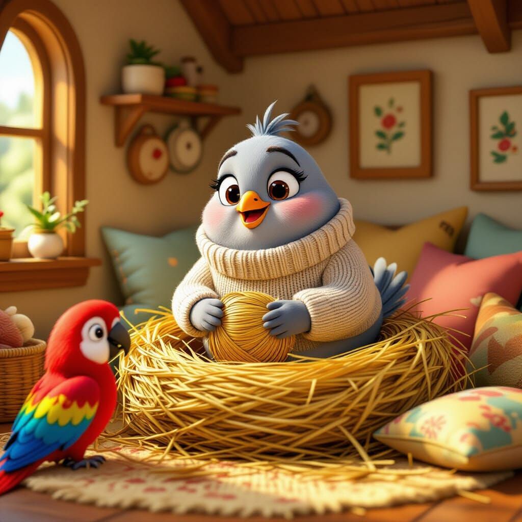 Whimsical 3D Cartoon Pigeon Builds Cozy Nest with Parrot Fri...