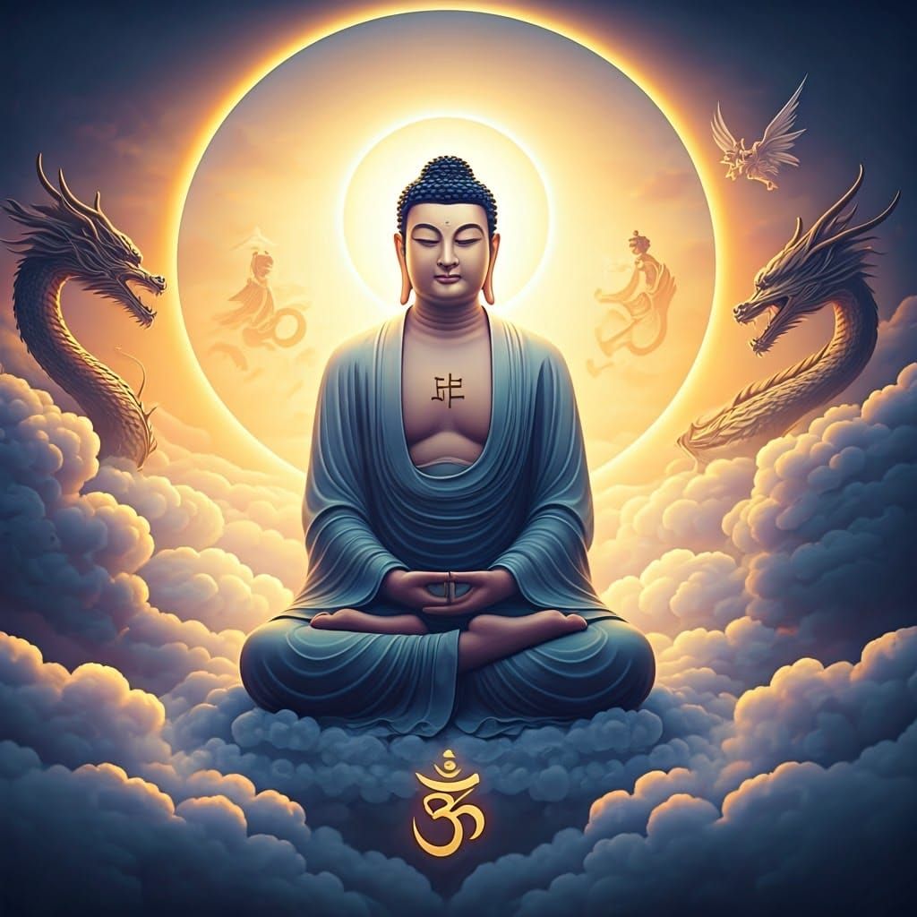 Buddhas in Ecstasy on Luminous Clouds, Digital Art