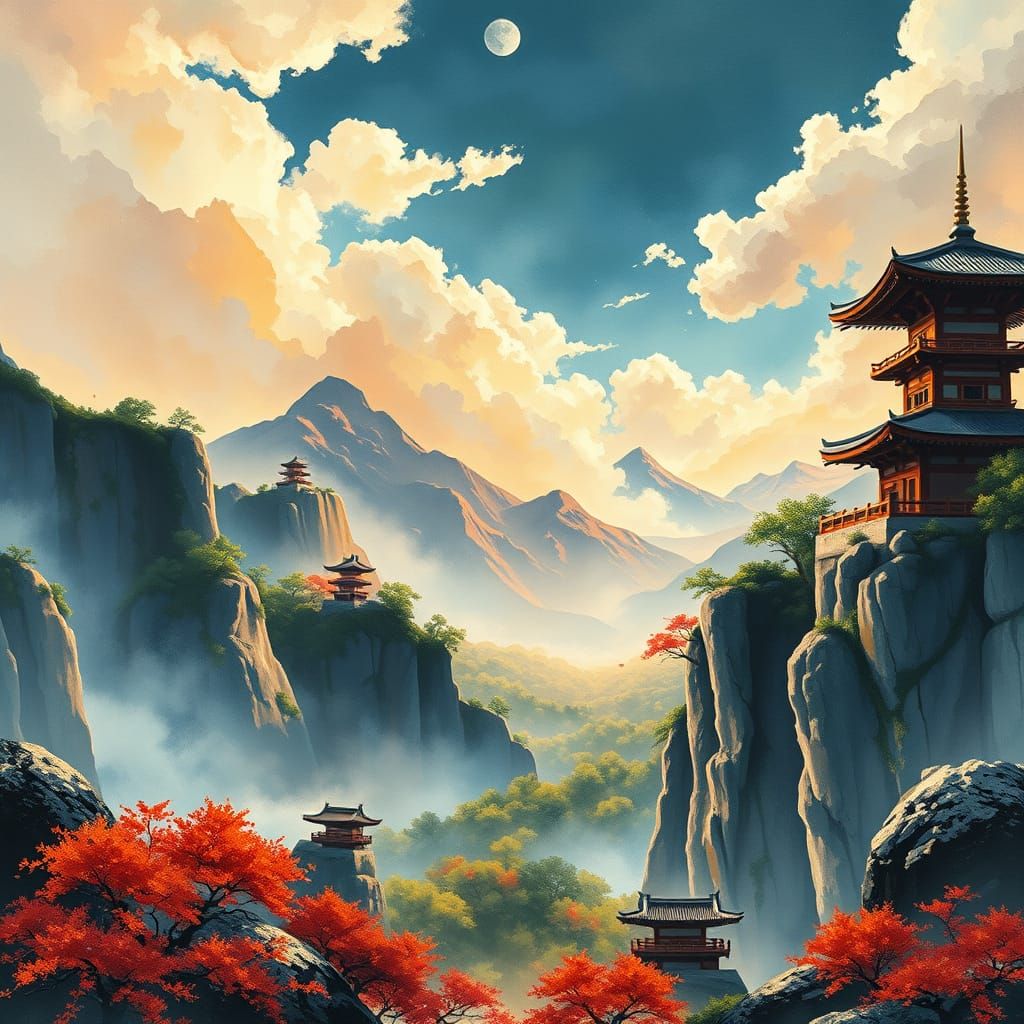 panoramic view of an epic japanese landscape, kingdom hearts...