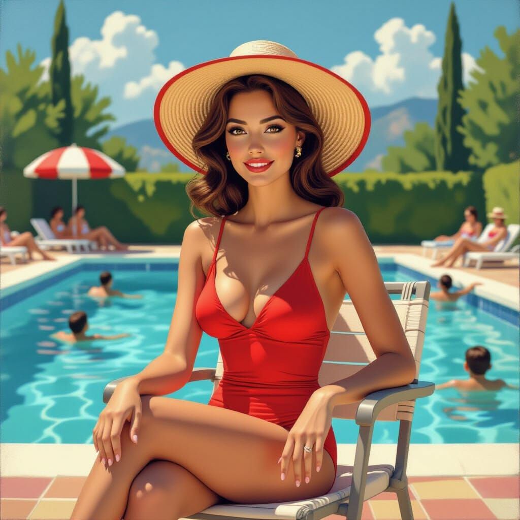 Vibrant Poolside Scene with Woman in Red Hat