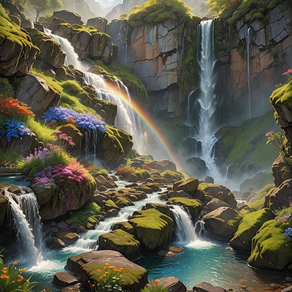 Crystal Waterfall in Lush Fantasy Landscape
