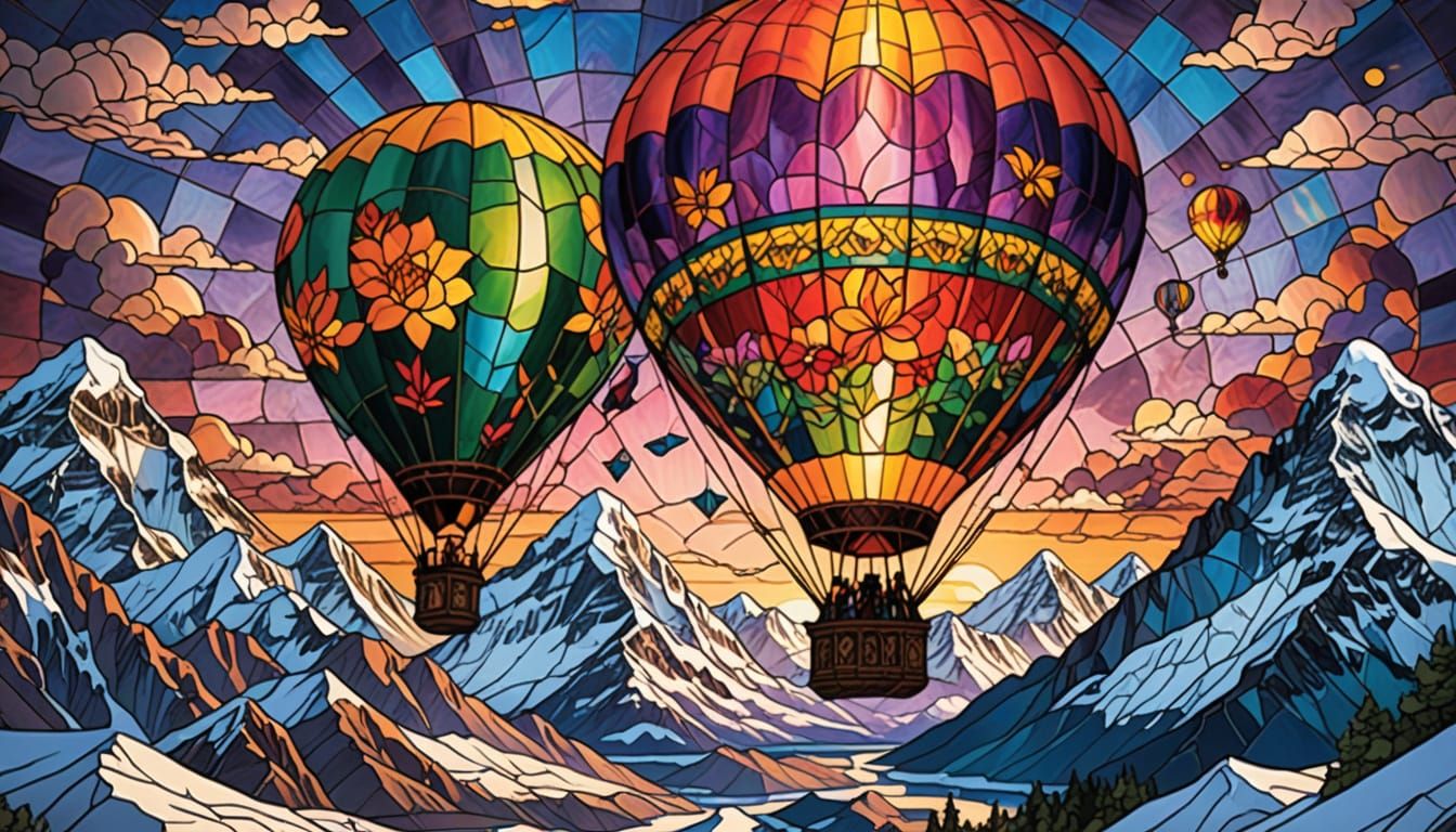 Stained-Glass Balloon Over Everest at Sunset