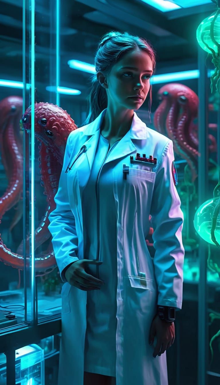 Sci-Fi Scientist and Alien Specimen in Neon Lab