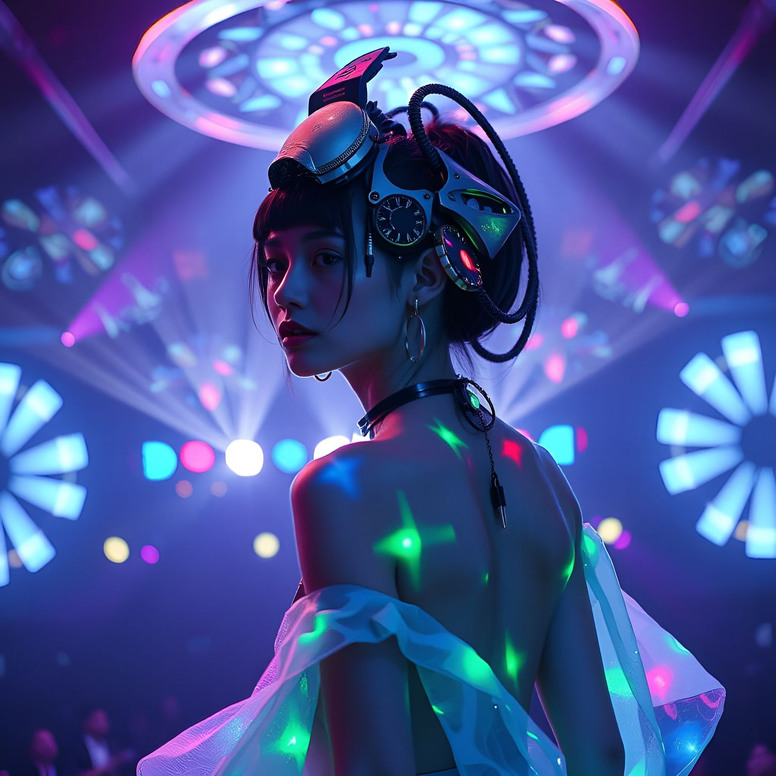 Cyborg Musician in Neon Concert Hall, Cyberpunk Art Nouveau ...