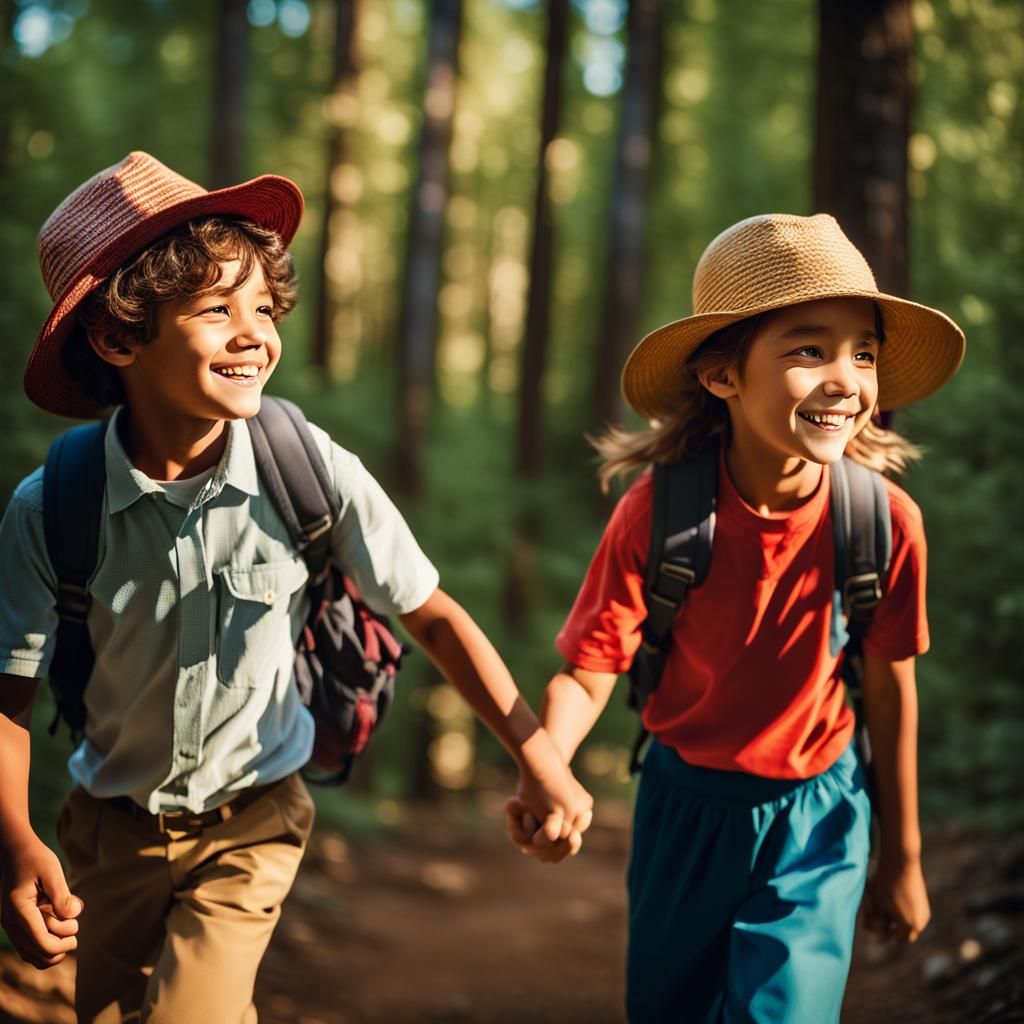 Children Hiking in Sunny Forest: Professional Portrait