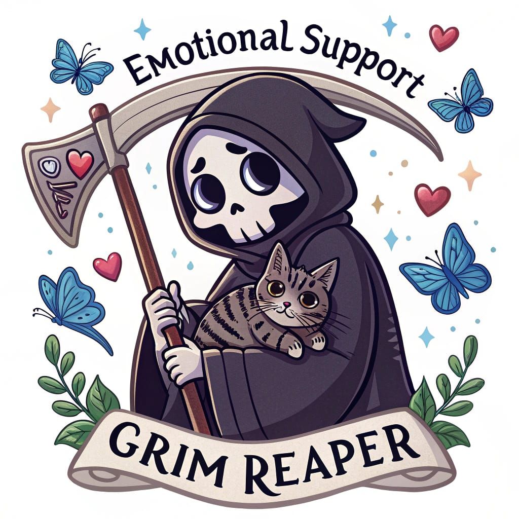 Cute Grim Reaper with Cat Illustration