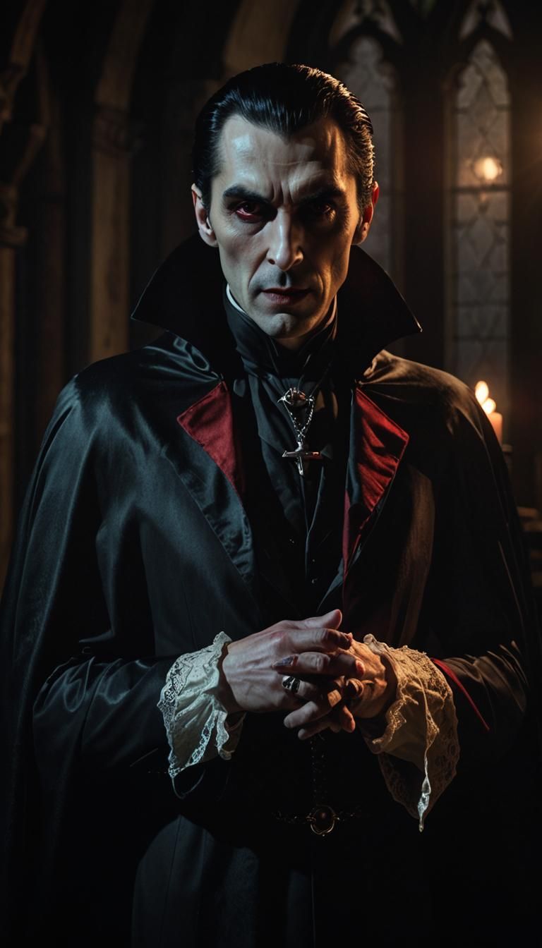 Gothic Horror Portrait of Count Dracula in Candlelit Castle