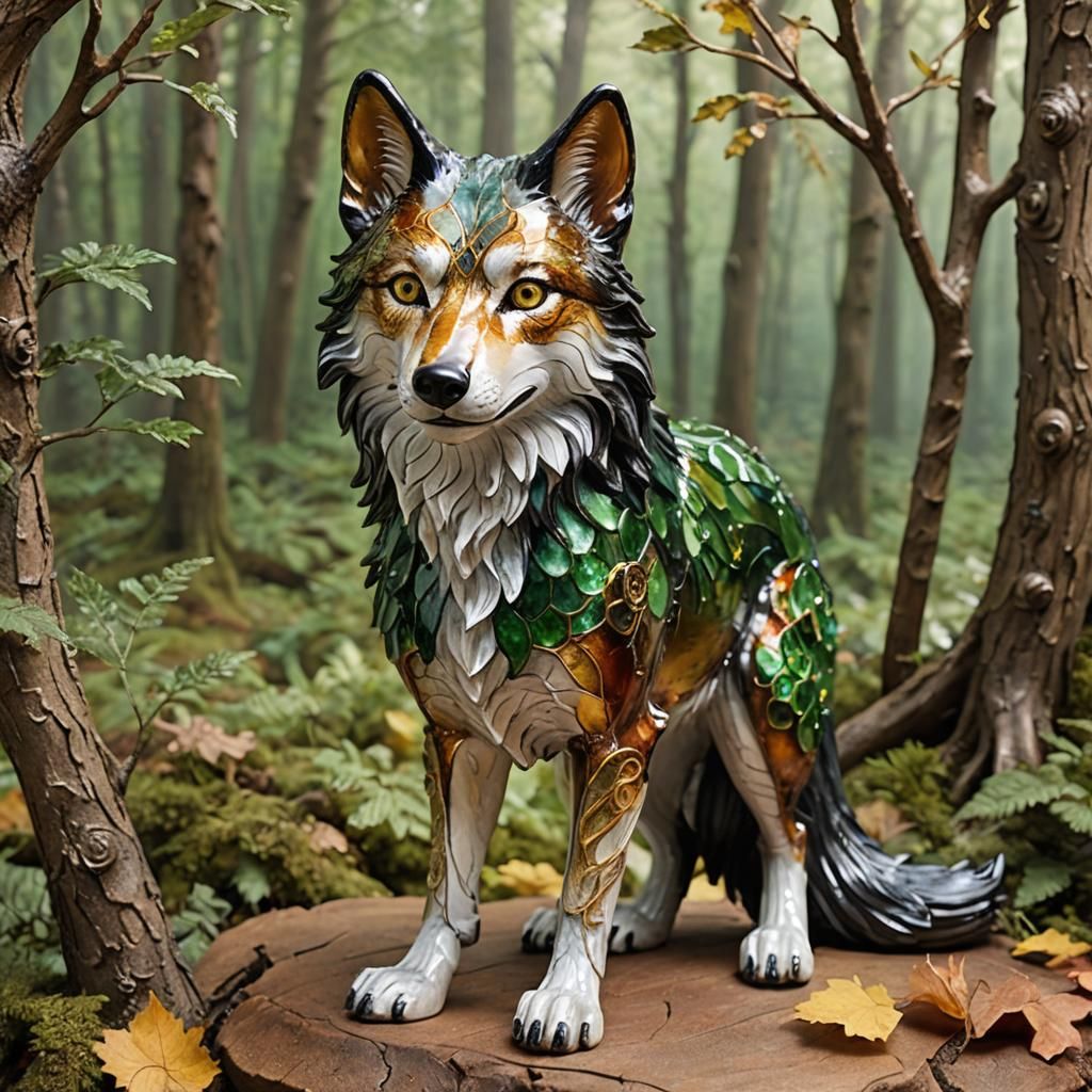 Glass Wolf Sculpture with Enameled Details