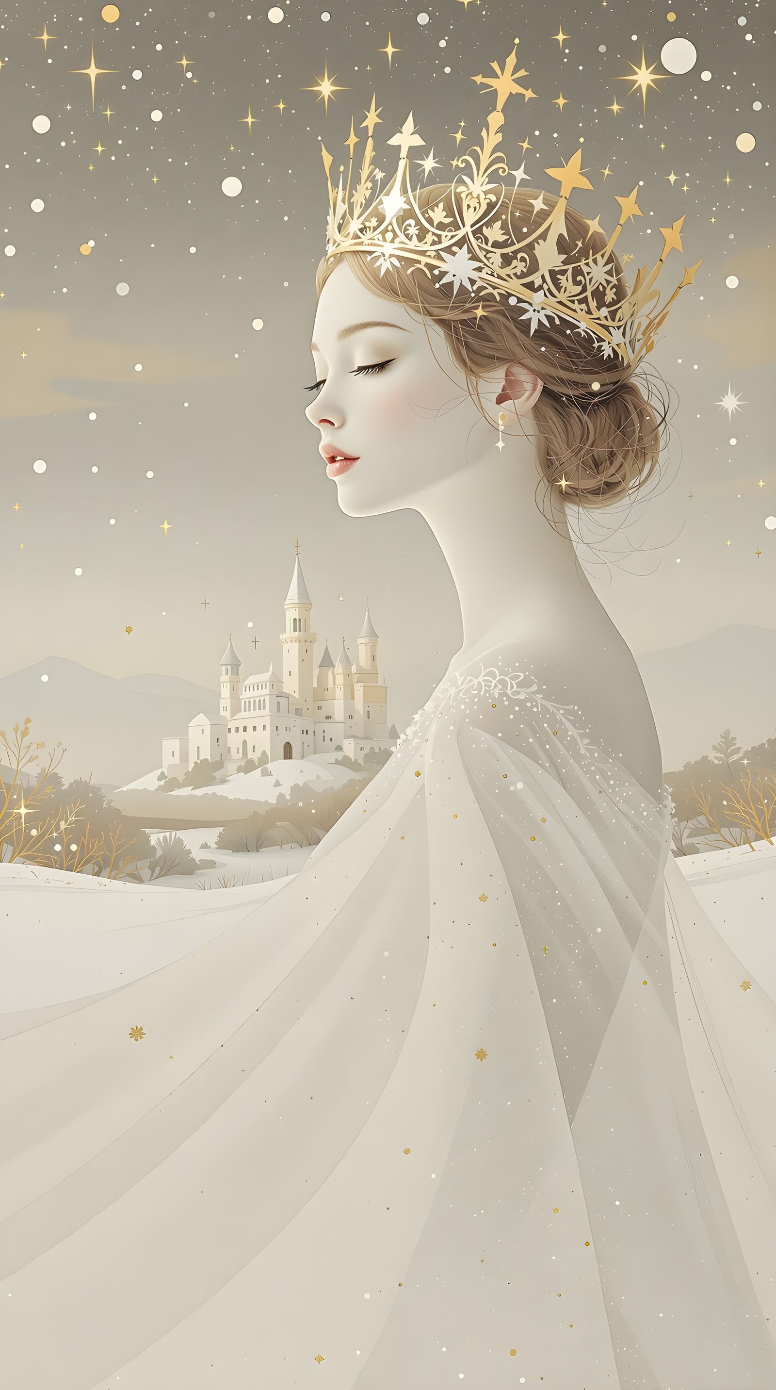 Snow Princess in Gold and White, Minimalist Masterpiece