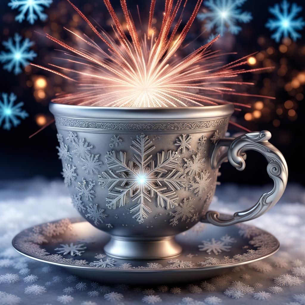 Silver Teacup with Snowflake Garden, Detailed CGI