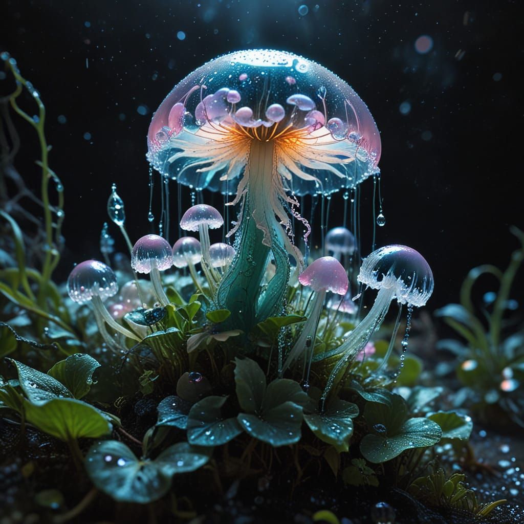 Luminous Aquatic Bloom in a Dreamlike, Iridescent Atmosphere