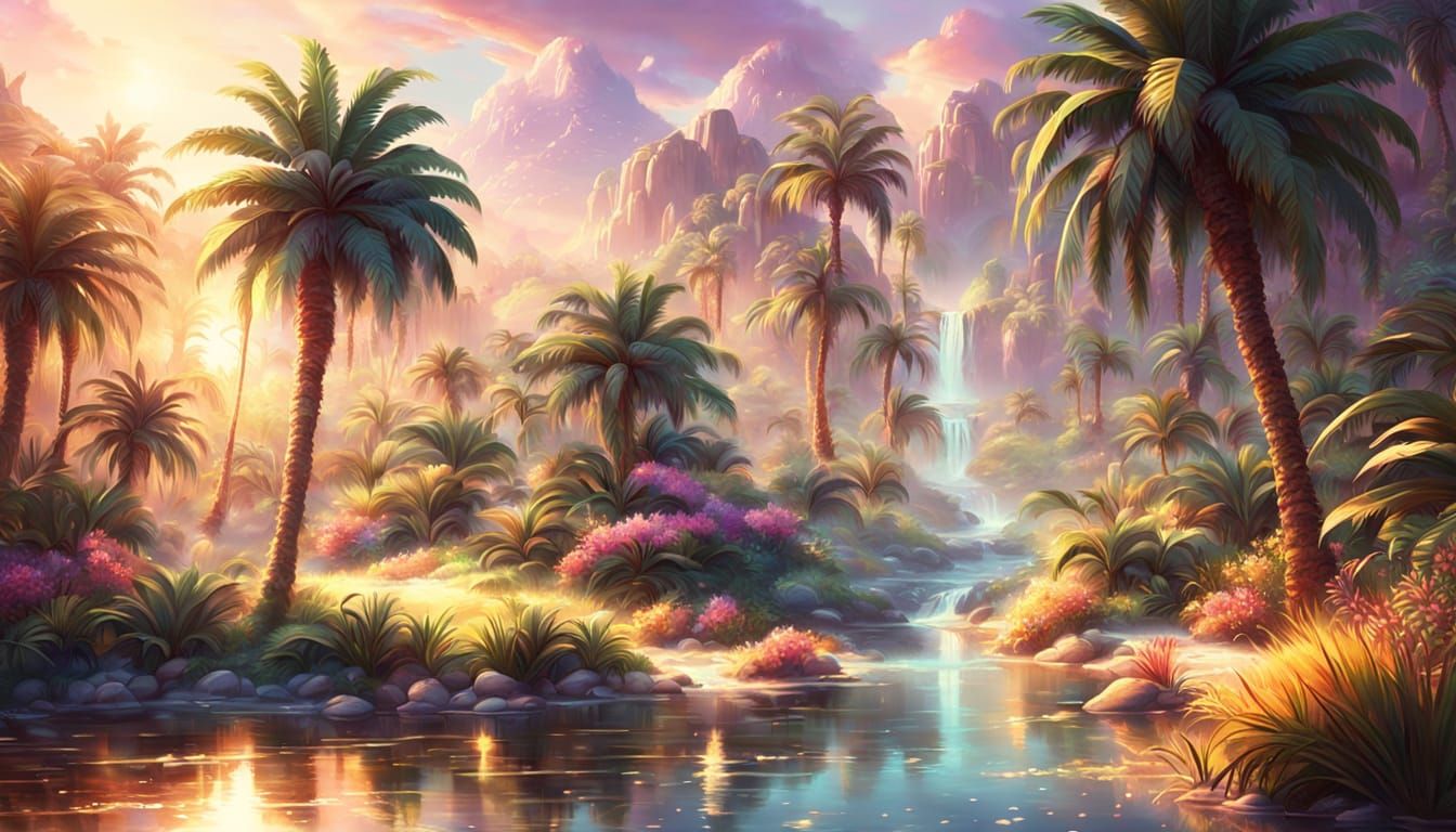 Desert Oasis Stream in Kinkade Style