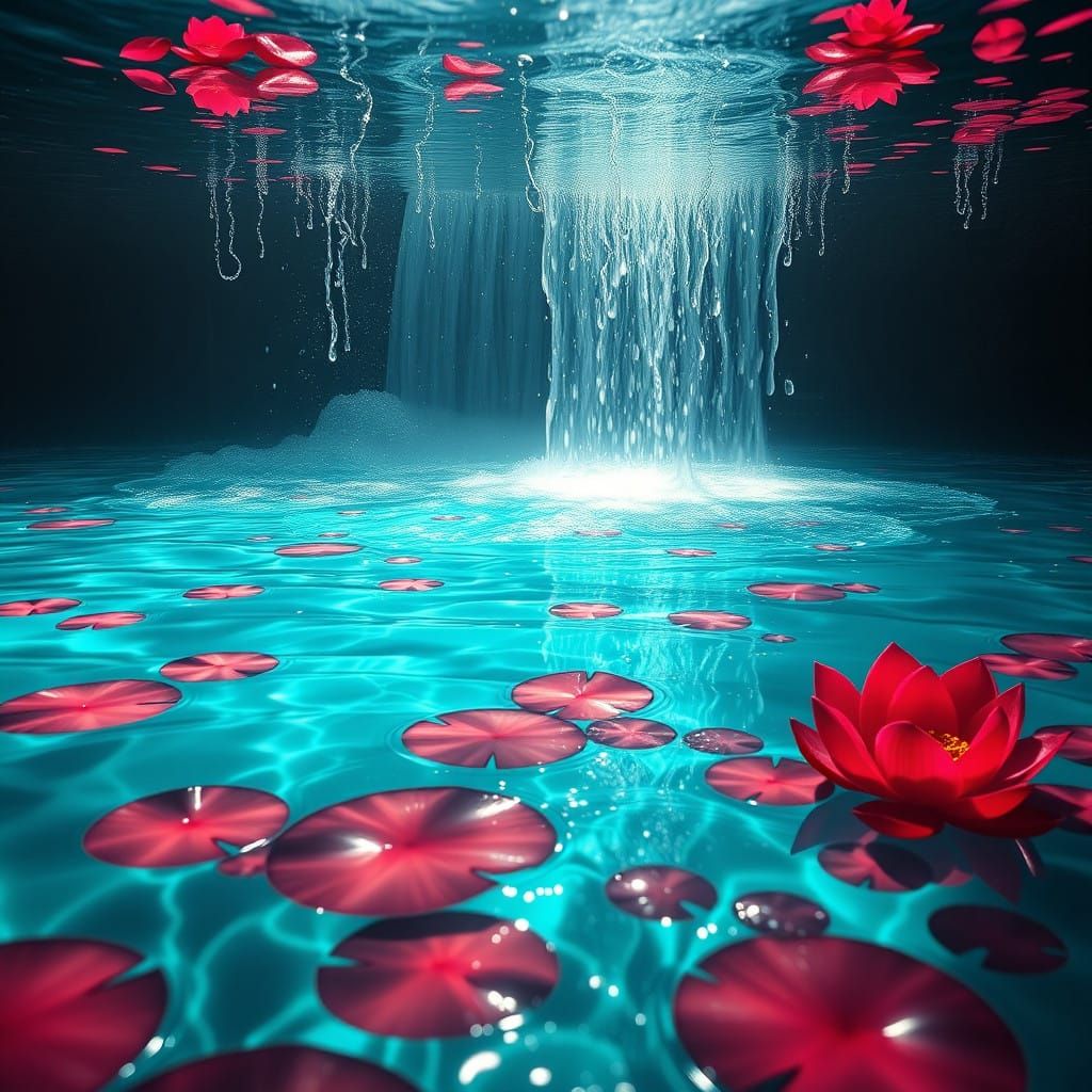 Surreal Turquoise Falls Beneath Crimson Red Lotus Petals in...