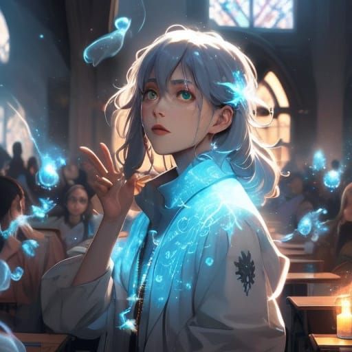 Magical Students Casting Spells in Vibrant Classroom