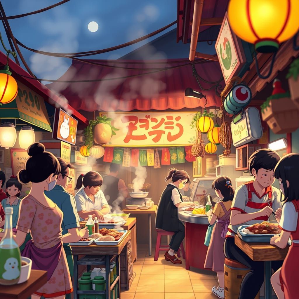 Vibrant Malaysian Hawker Stall in Whimsical Studio Ghibli St...