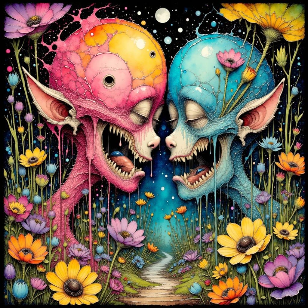 Two-Headed Creature in Dark Whimsical Fantasy Style