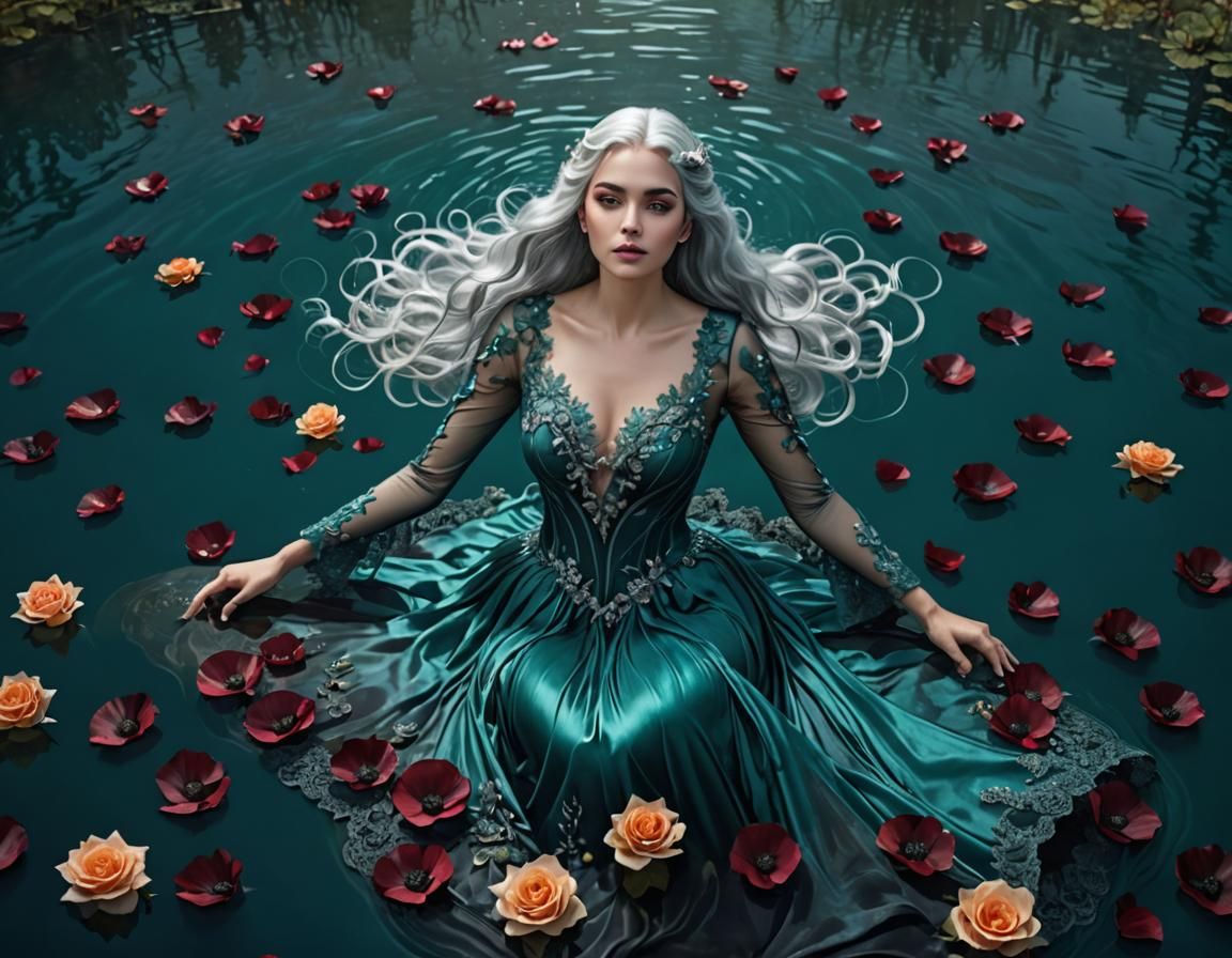 Woman in Teal Gown Swimming in Lake