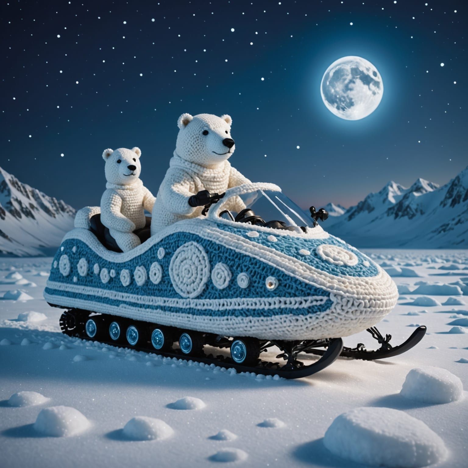 Crochet Snowmobile Zips Across Frozen Sea Under Aurora