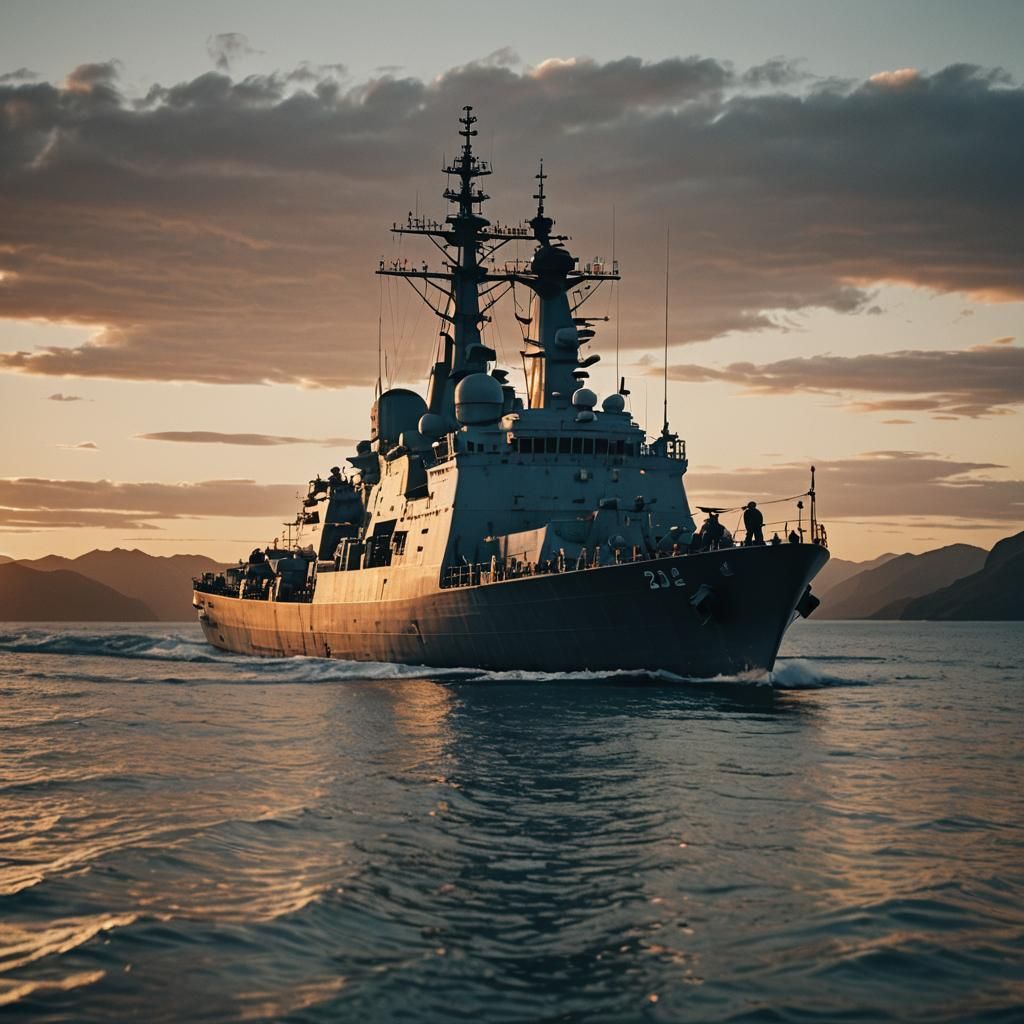 New Zealand Navy Ship at Sunset: Cinematic Still