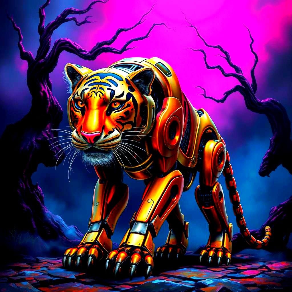 Robot Tiger in Synthwave Neon Oil Painting