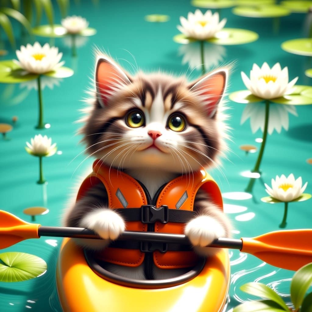 Feline Adventurer Wears Life Jacket for Splashing Fun