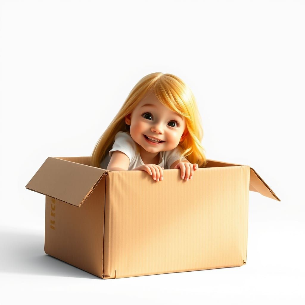 Joyful Girl Peeks from Cardboard Box in Vibrant Watercolor S...
