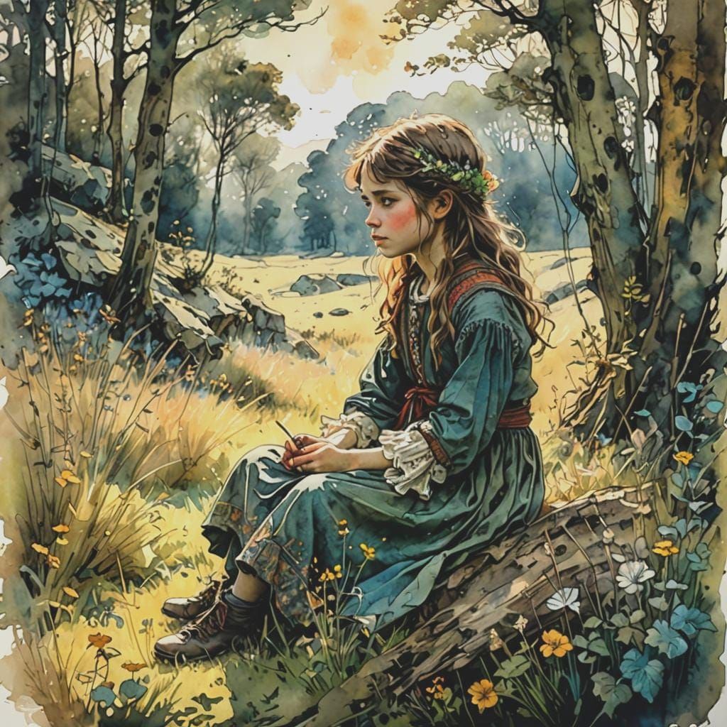 Wild Orphan Girl in Meadow: Watercolor and Alcohol Ink