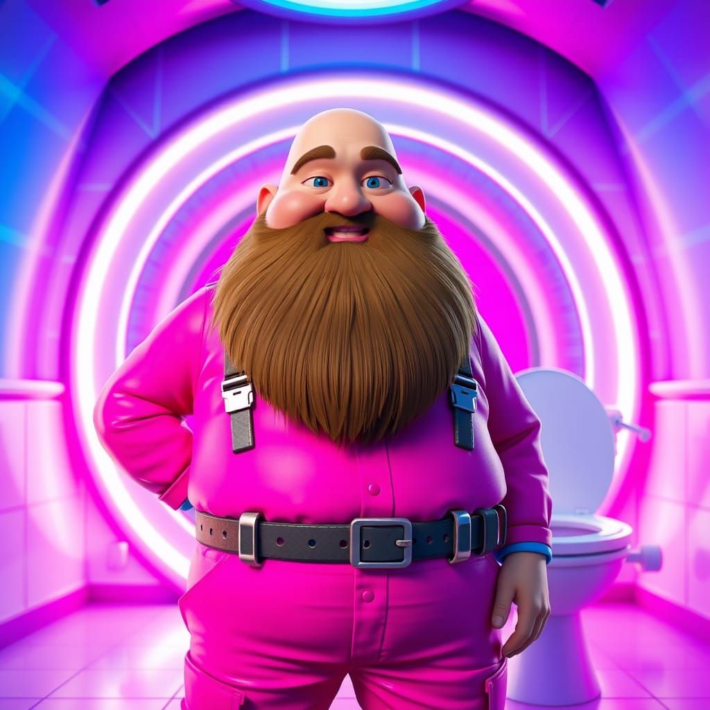 Bold Man in Pink Jumpsuit in Alien World