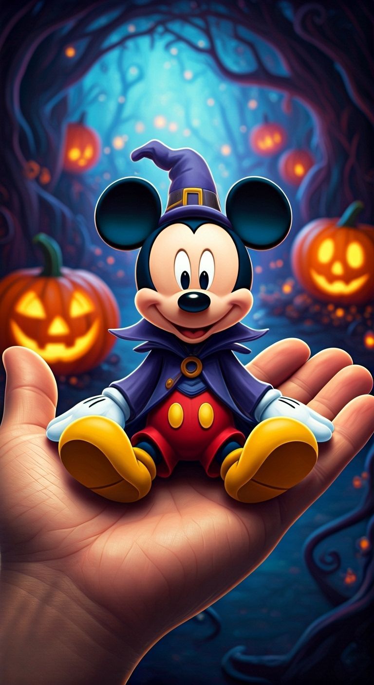 Mini Mickey Mouse in Halloween Costume on Hand