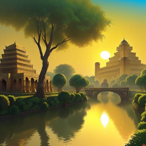 Golden Ziggurats in a Lush Orientalist Cityscape