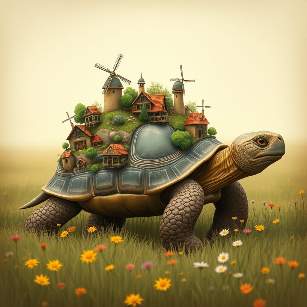 Giant Tortoise Carries Village: Storybook Illustration