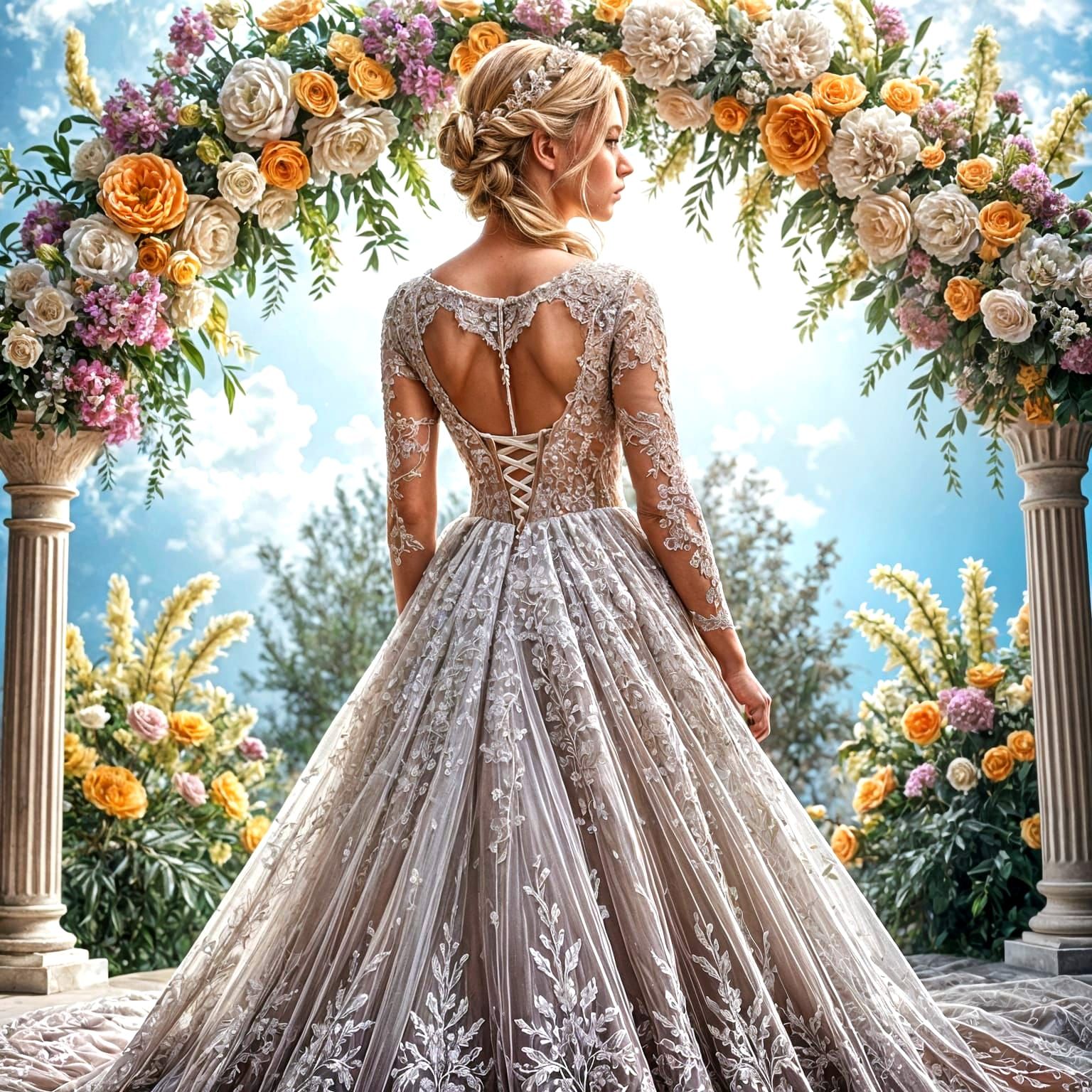 Elegant Bride in Intricately Detailed Wedding Gown with Diam...