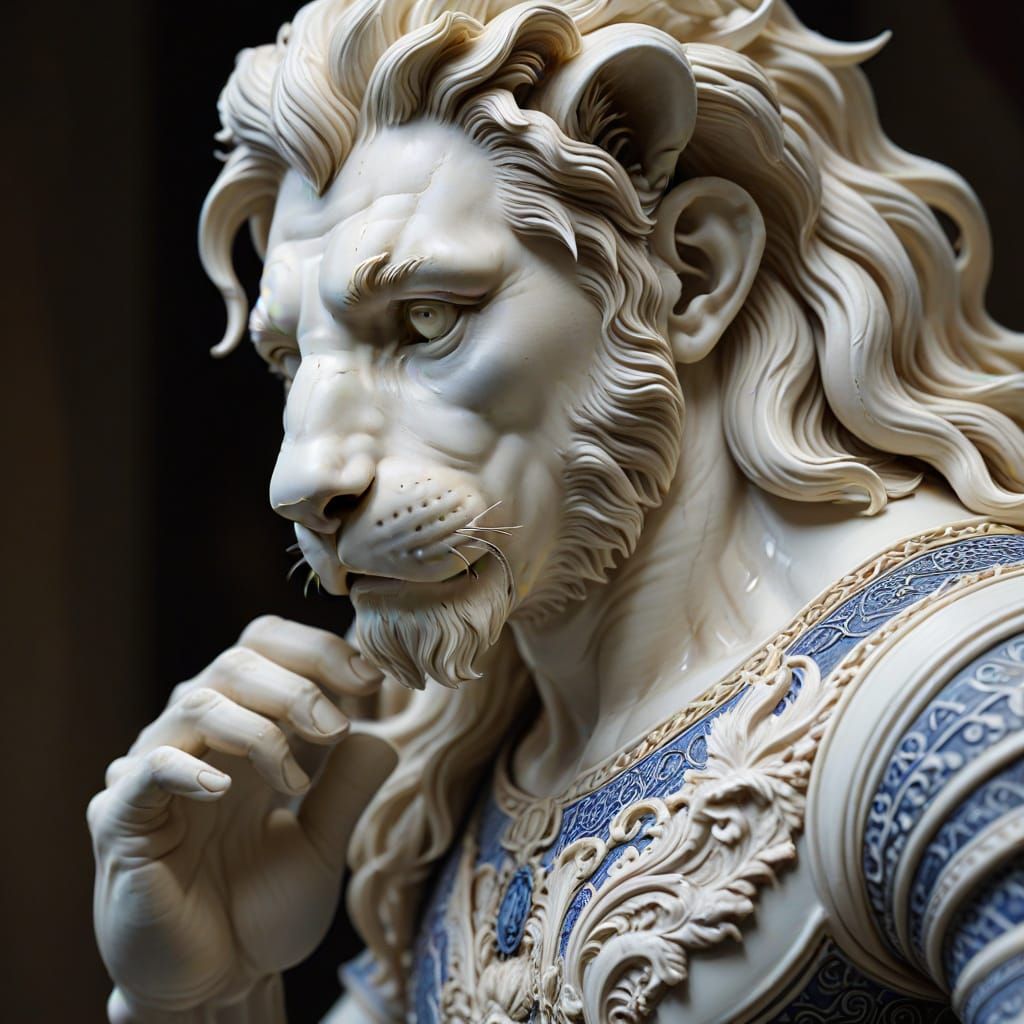 Greek God Sculpture in Porcelain with Lion's Head