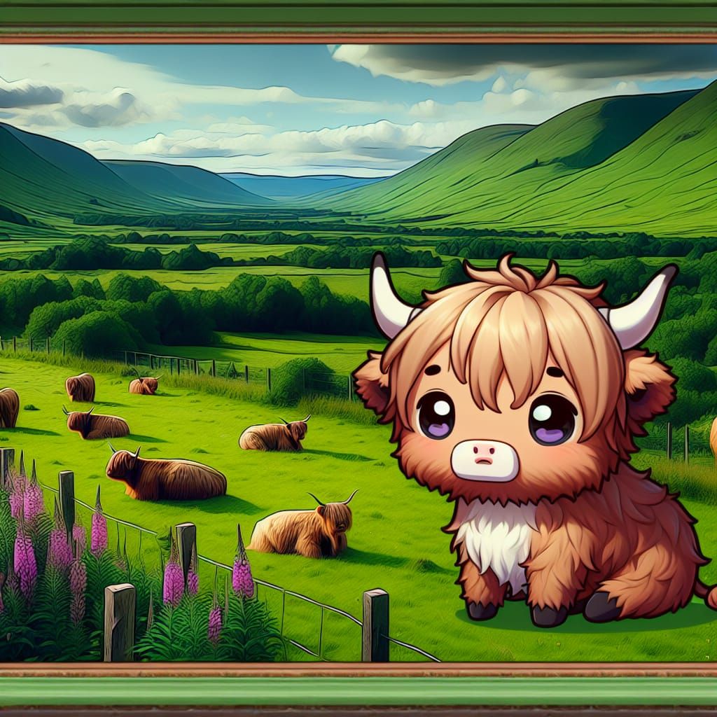 Chibi Highland Cows in Scottish Countryside