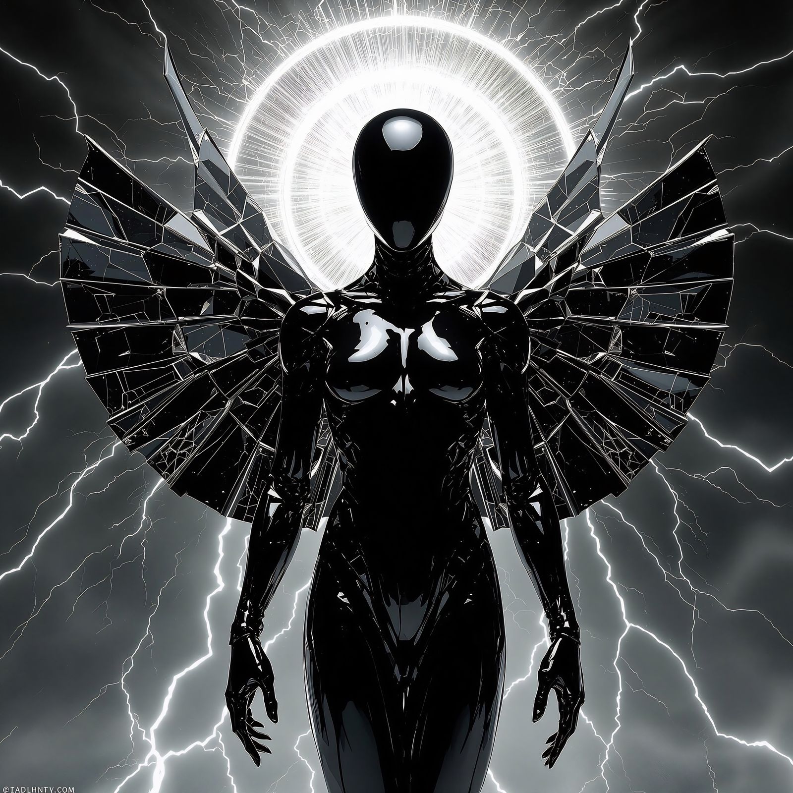 This angel is not of flesh, but of polished obsidian, its fo...