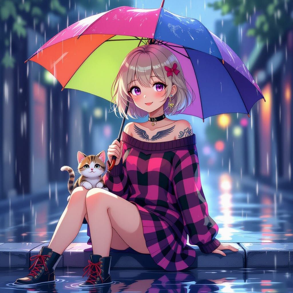 Anime Woman with Kitten in Rainy Street Scene