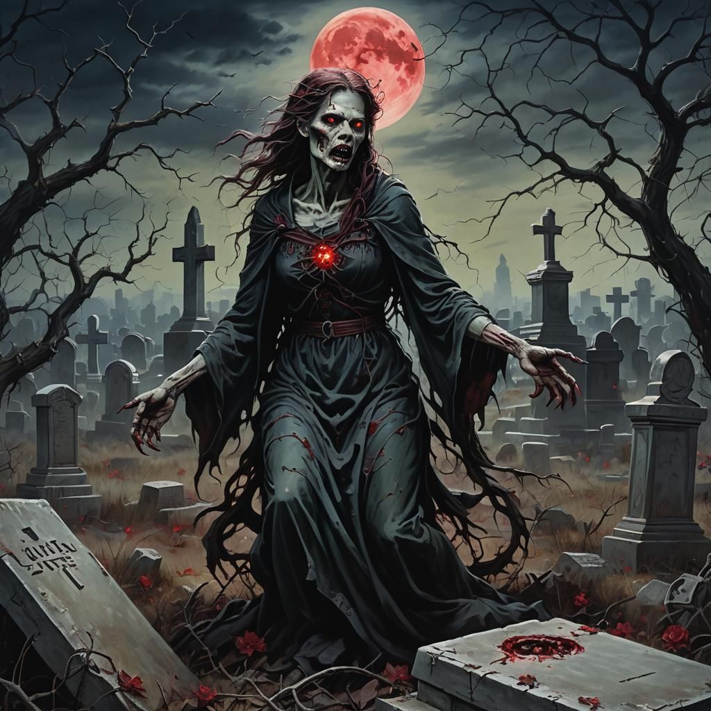 Demonic Zombie Lilith Rises in Dark Fantasy Oil Painting