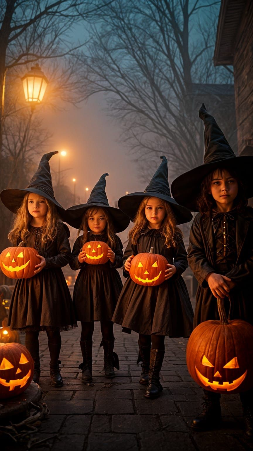 Halloween Scene with Witches and Children