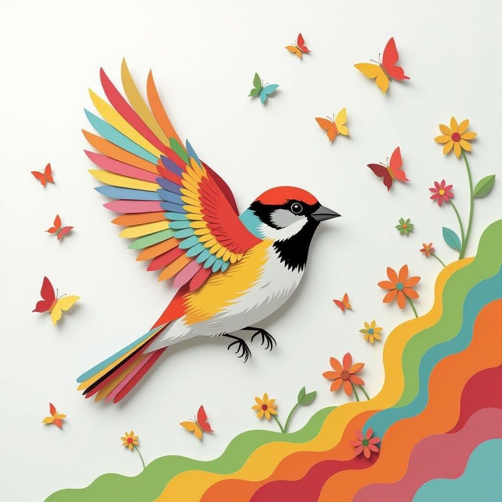 Sparrow Transforms into Paper Cutouts in Graphic Art Style