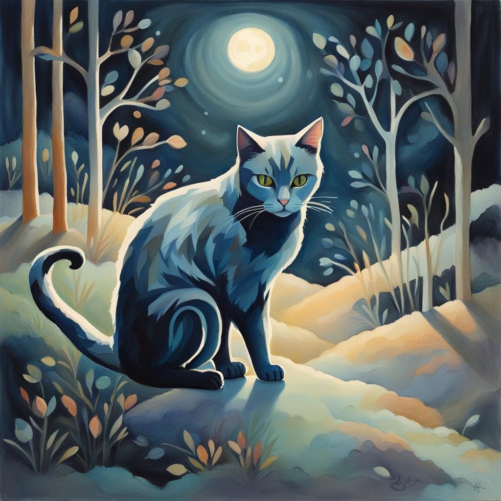 Spectral Cat in Moonlight: A Gouache Painting