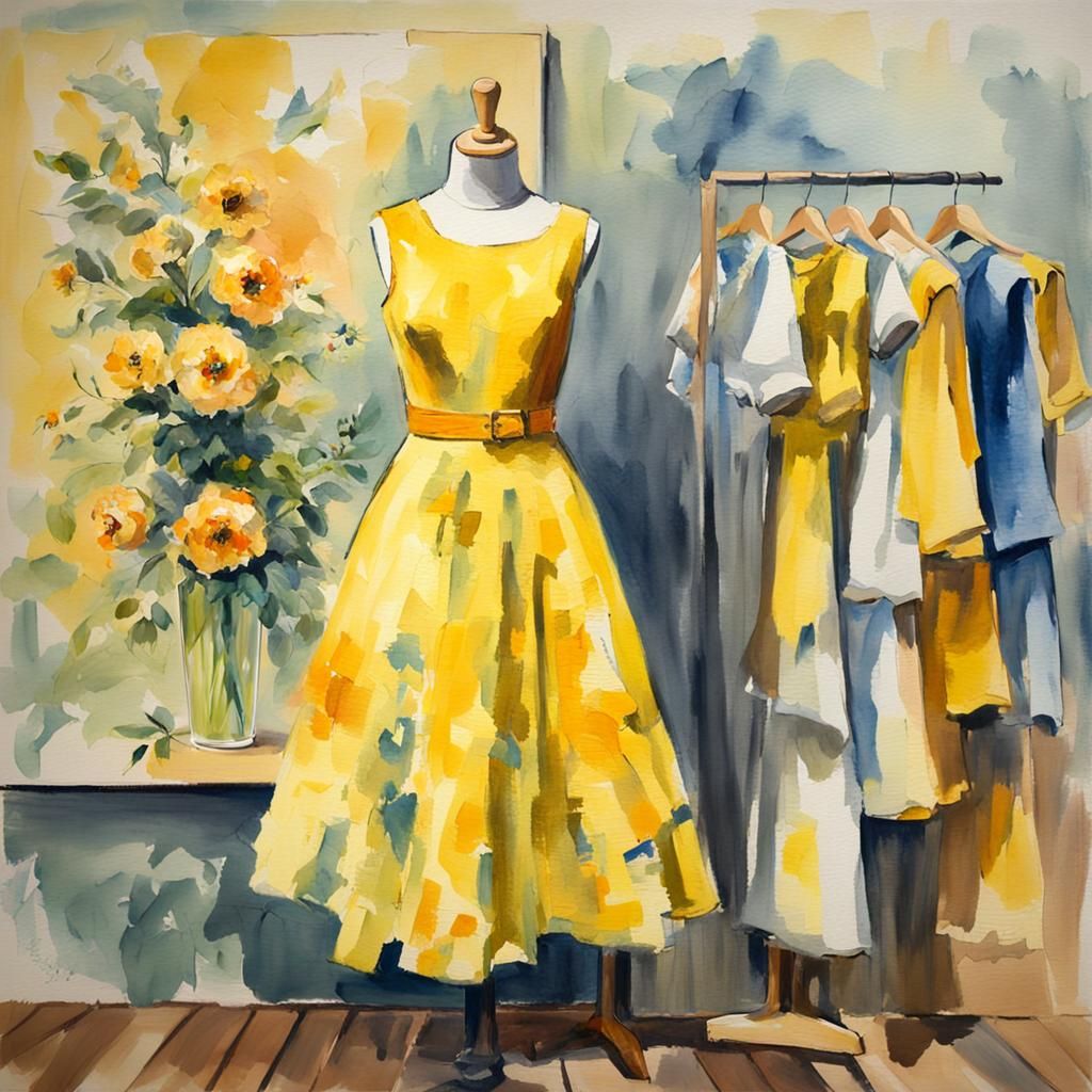 Yellow Dress on Mannequin in Gouache Style