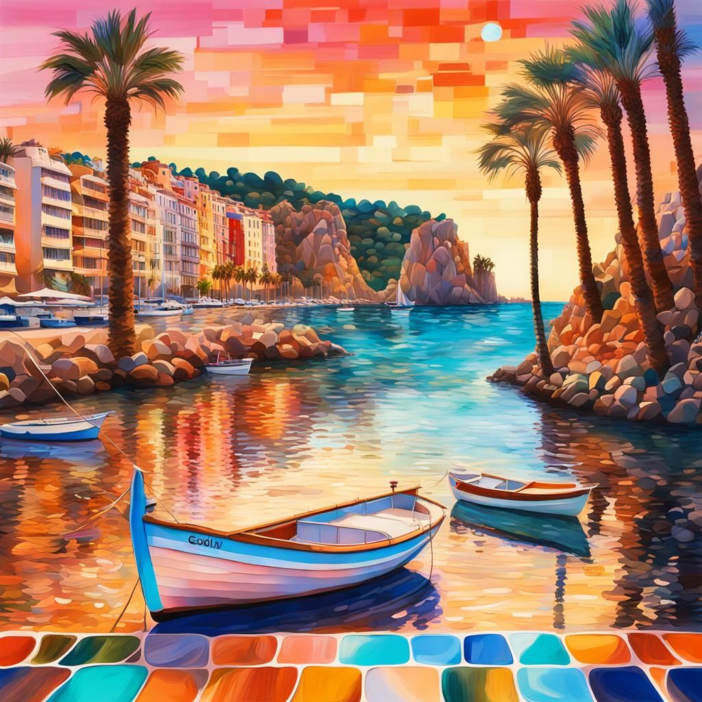 Costa Brava Beach in Gaudi-Style Glass Art