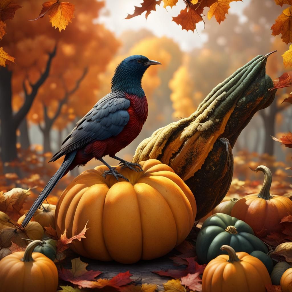 Bird Feasting on Winter Squash: Fantasy Art
