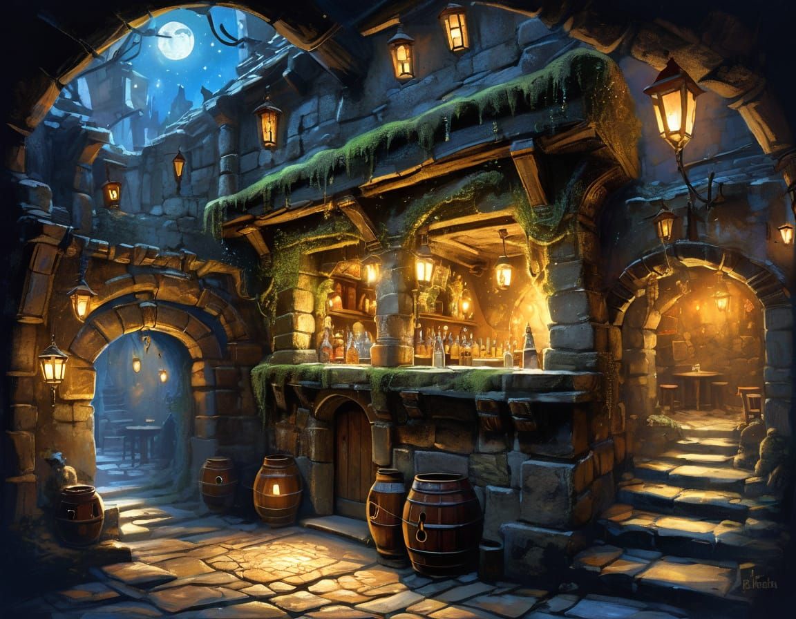 Cozy Tavern with Celestial Being in Painterly Realism Style