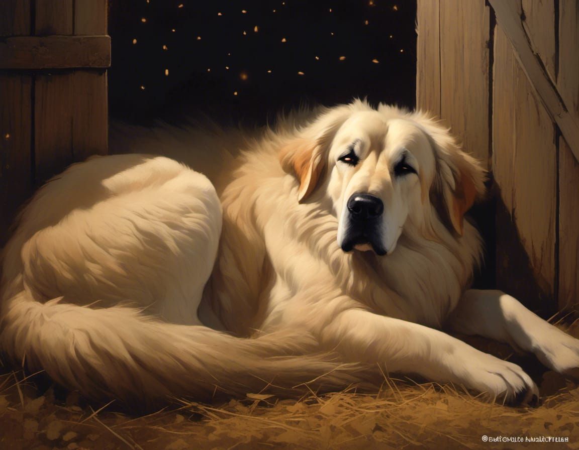 Anatolian Shepherd Snoozing at Twilight, Storybook Illustrat...