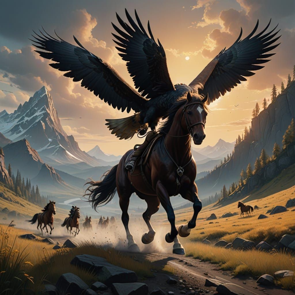 Majestic Horse Herd Gallops Across Ethereal Landscape with S...