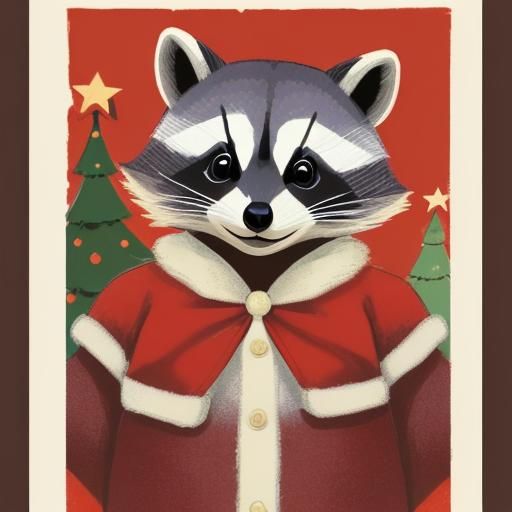 Retro Christmas Raccoon in Santa Suit Drawing