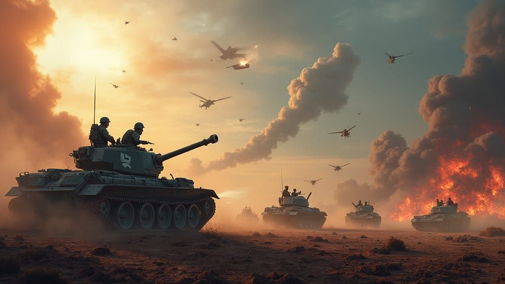 Epic War Zone in Fantasy Art Style with Fighter Jets, Helico...